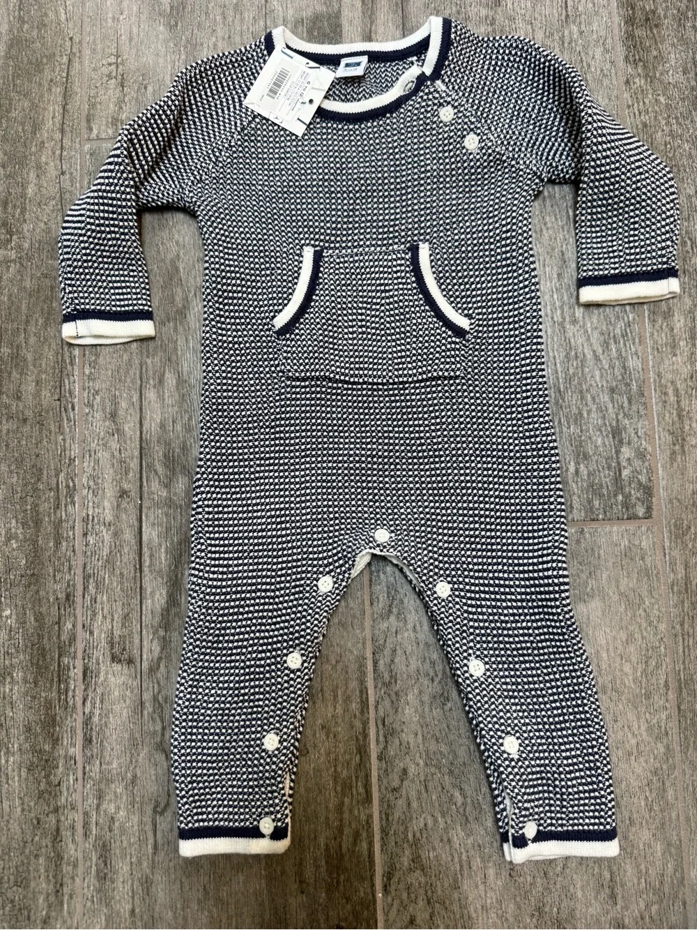 Janie and Jack Navy Ivory Knit Romper - 6-12M